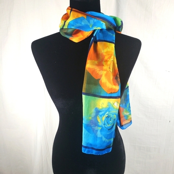 Orange Multicolored Floral Appr. 60 inch Sheer Scarf - Picture 1 of 6